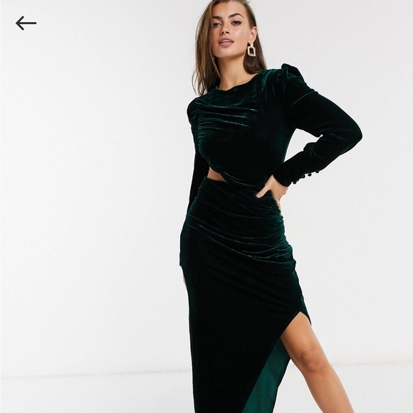 ASOS cut-out side long sleeve velvet midi emerald green dress (US 12/ UK 14) - Picture 1 of 6